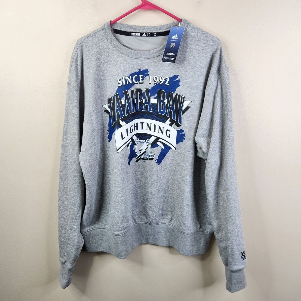 NEW Adidas Mens Tampa Bay Lightning LS Crew Neck Graphic Print Sweatshirt L